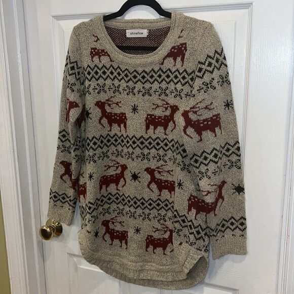 Shineflow Reindeer Patterned Knit Sweater Long Beige Red Small - Picture 9 of 13